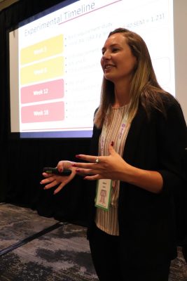 Alyssa Lyons, a doctoral candidate in the School of Animals Sciences, presents at the Annual Meeting of the Poultry Science Association in Philadelphia. Lyons is the lead author of a research article recently published in the Journal of Applied Poultry Research. Photo courtesy of Michael Persia.