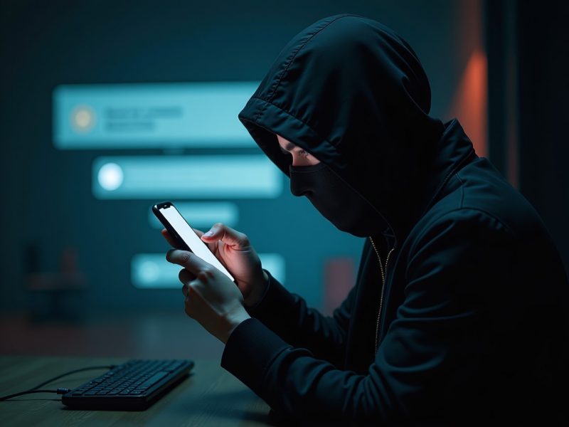Adobe Stock image of masked hacker sending a text scam