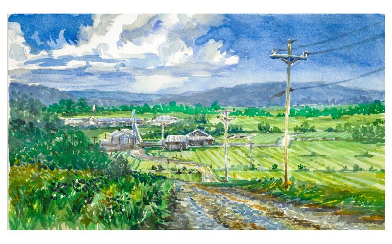 Watercolor of Kentland Facility overlooking the drone runway and other research facilities, including the dairy barn and fields used for agriculture research