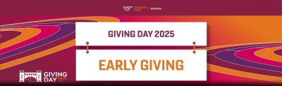 Virginia Tech logo. Giving Day 2025. Early Giving. Torg Hall graphic image on orange, maroon, purple, and pink swirling graphic background.