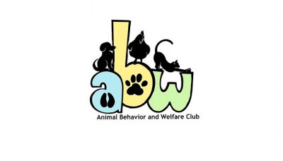 Animal Behavior and Welfare Club logo. Stylized "a", "b", and "w", lowercase, in blue, yellow and green, with a dog, chicken and cat atop the letters. Cat is stretching over the "w". 