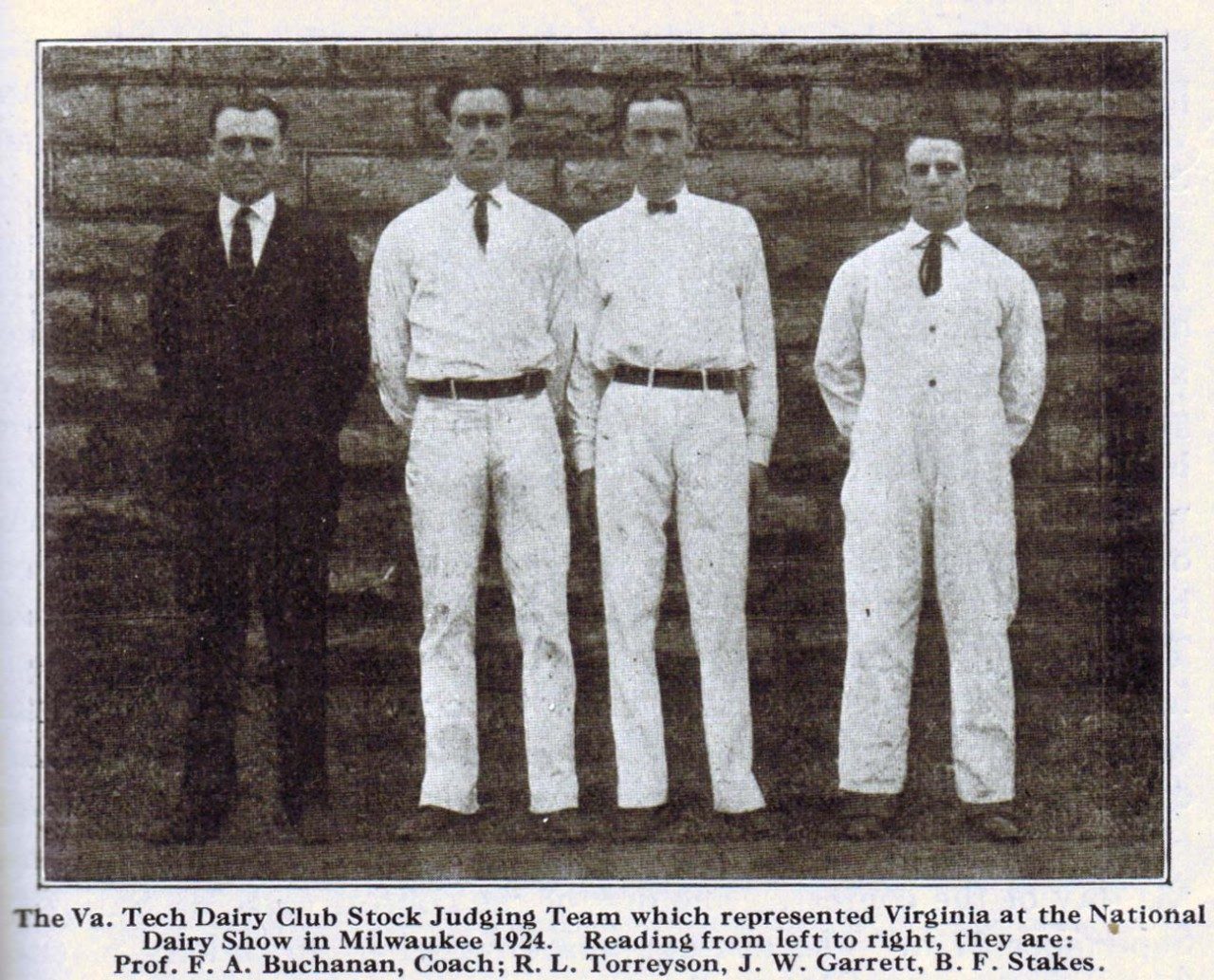 Virginia Tech Judging Team. 1924. (Black and white photo) l to r: Prof. F.Z. Buchanan, Coach; R.L. Torreyson, J.W. Garrett, B.F. Stakes. 