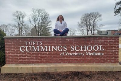 Rachel Kanefsky sits atop the Tufts Cummings School of Veternary Medicine.