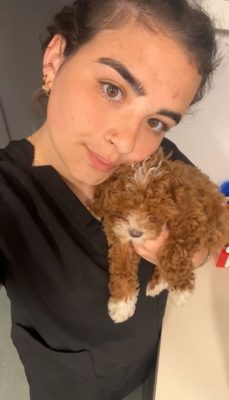 Cassie Borino holding a goldendoodle puppy.