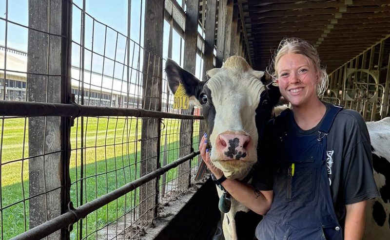 Smiling young woman with blond hair wearing overalls, arm around a Holstein cow in a dairy barn. 