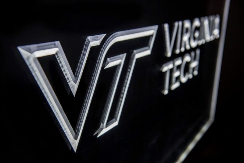 A photograph of the Virginia Tech logo in black and silver.