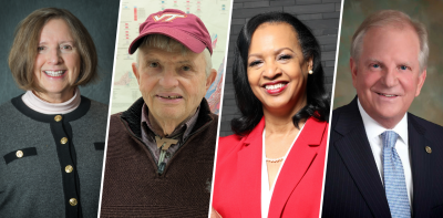 (From left) Patricia A. Caldwell, Bill Henika, Deseria Creighton-Barney, and Mark Lawrence   will be honored by the university for their support and contributions to their communities at Virginia Tech’s spring commencement ceremony. Photos provided by award recipients.