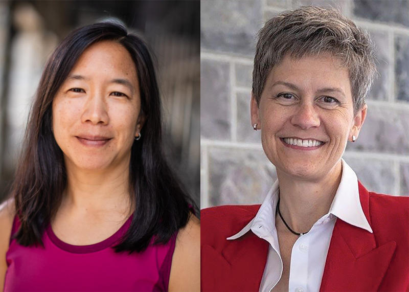 Photo of two women. One on left has dark shoulder length hair with pink top. One on right has short hair with red blazer.