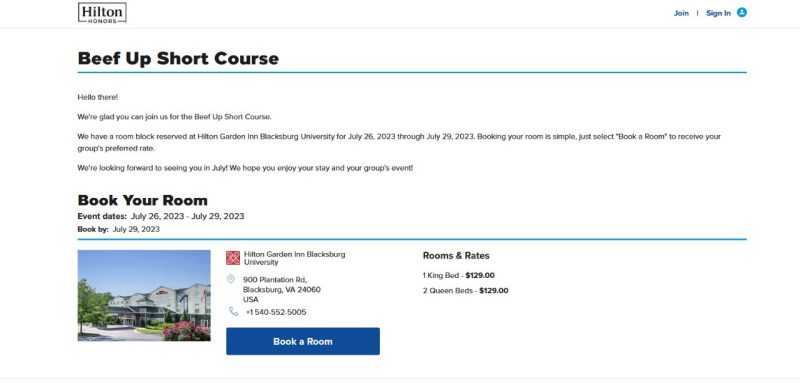 Linked screenshot image of the Hilton Garden Inn Blacksburg registration page.