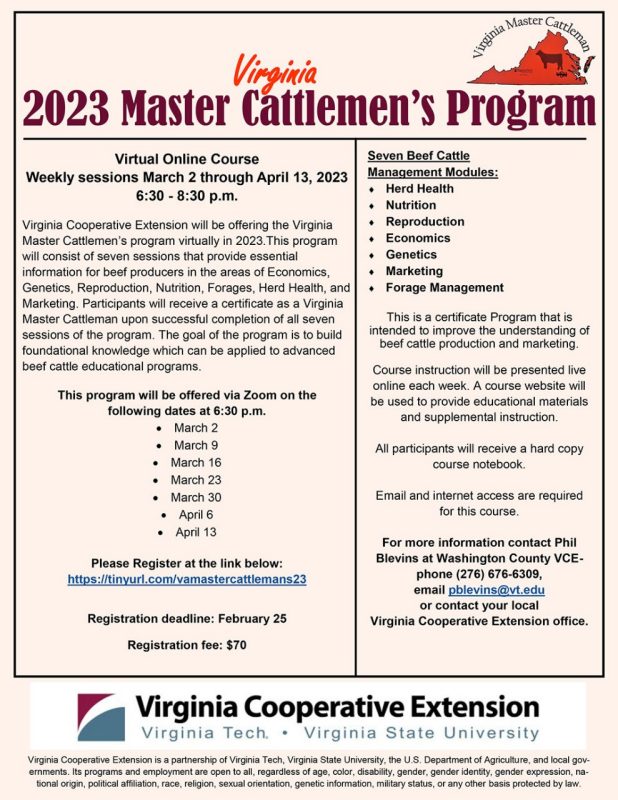 Screenshot image of the 2023 Virginia Master Cattlemen's Program Flyer from pdf.