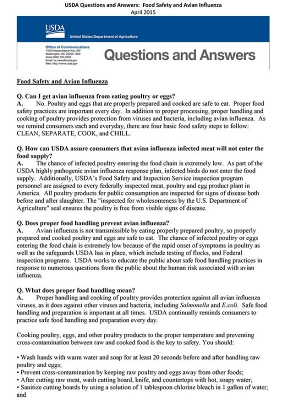 USDA Questions and Answers: Food Safety and Avian Influenza. Screenshot of the linked document