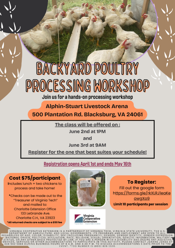 Backyard Poultry Processing Workshop - Alphin-Stuart Livestock Arena, 500 Plantation Rd, Blacksburg, VA 24061. Class offered June 2 & 3. Register for the session that best suits your schedule! Registration opens April 1st and ends May 16th. $75/Participant. Make checks to Treasuer of Virginia Tech and mail to Charlotte Extension Office, 133 LeGrande Ave. Charlotte C.H. VA 23923. Register: https://docs.google.com/forms/d/e/1FAIpQLSfY3w_2Po29jW_T8ubDTgAK1v8dNOfYY04r7JYAJLTNHqnw-A/viewform