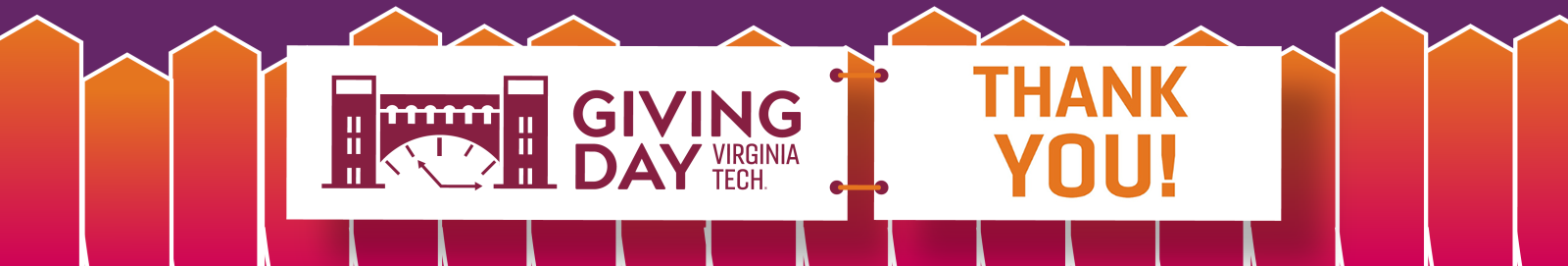 Virginia Tech logo. Giving Day 2025. Early Giving. Torg Hall graphic image on orange, maroon, purple, and pink swirling graphic background.