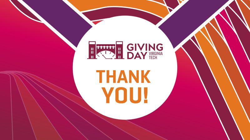 Virginia Tech logo. Giving Day 2025. Early Giving. Torg Hall graphic image on orange, maroon, purple, and pink swirling graphic background.