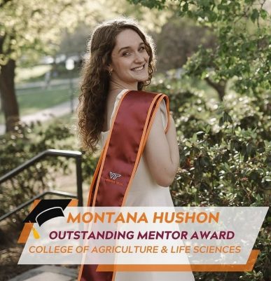 Montana Hushon in a white dress, smiling over her shoulder with honor stole.  Montana Hushton, Outstanding Mentor Award. College of Agriculture and Life Sciences. 