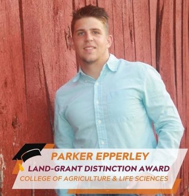 Parker Epperley in a blue shirt and jeans leaning agains a red barn.  Text: Parker Epperley, Land-Grant Distinction Award, College of Agriculture and Life Sciences
