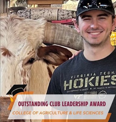 Will Bonham wearing a VT Hokies t-shirt standing with a Texas Longhorn. Outstanding Club Leadership Award. College of Agriculture & Life Sciences.