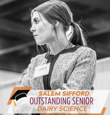 Black and white photo of Salem Sifford at a livestock judging event. Text: Salem Sifford, Outstanding Senior, Dairy Science.