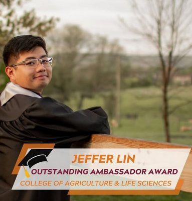 Jeffer Lin in his graduation gown standing at a wooden fence with livestock in the background. Text: Jeffer Lin, Outstanding Ambassador Award, College of Agriculture and Life Sciences