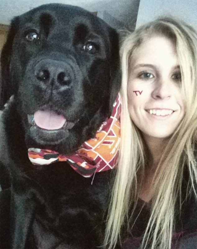 Photo of Jocelyn Bodmer with her black Newfoundland wearing a Hokie bow tie.