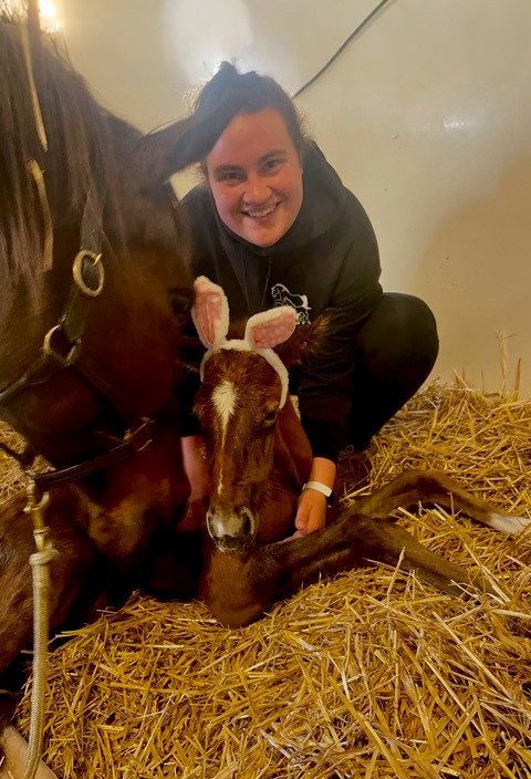 Photo of Lexie Kroeger with a newborn foal and it's mother.